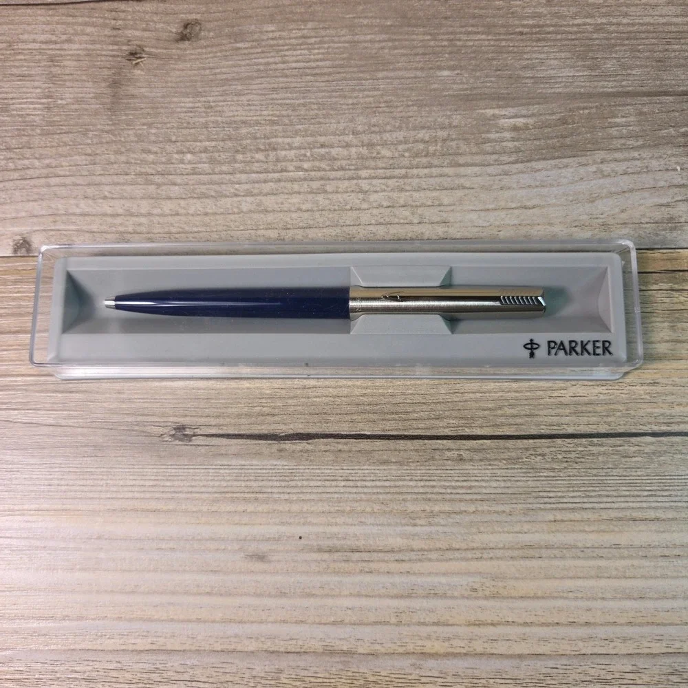 Parker Jotter Ballpoint Pen Navy Blue Silver Retractable Click Office Gift Case
